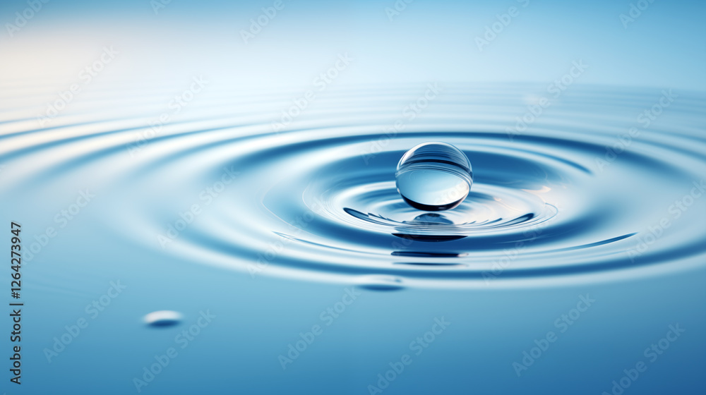A serene water droplet poised above a surface creating ripples, photographed in a reflective blue setting as a concept of purity and tranquility. A serene water droplet poised above a surface creating ripples, photographed in a reflective blue setting as a concept of purity and tranquility.