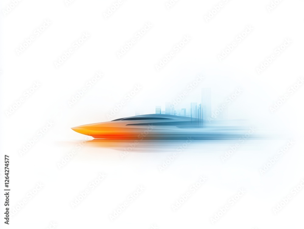 Fototapeta premium Scenic urban waterfront, boat sailing in city waters with tranquil cityscape view