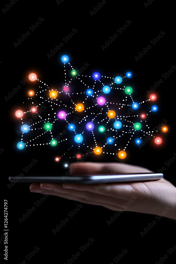 Glowing network above a device held in hand. Concept image of connectivity generative AI Glowing network above a device held in hand. Concept image of connectivity generative AI