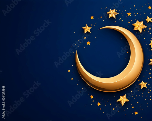 Golden crescent moon and stars scatter on dark blue for religious holiday use generative AI