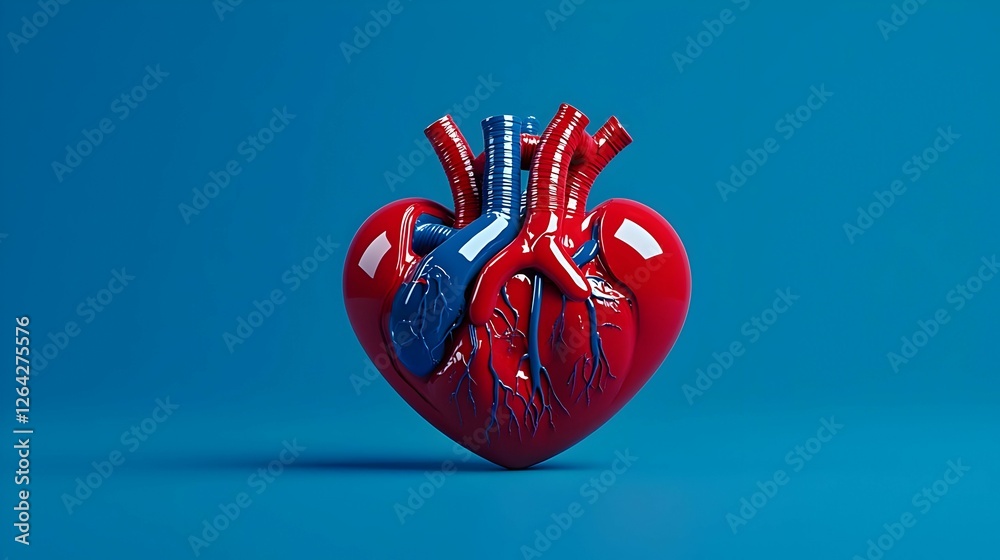 Naklejka premium Stylized Red And Blue 3D Rendered Human Heart On Blue Background