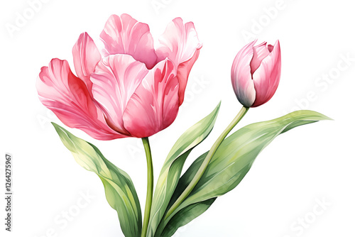 Watercolor pink tulip flower illustration with a single bloom and vibrant green leaves