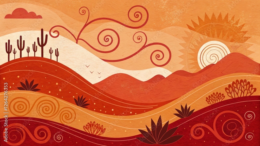Desert Sunset Landscape Stylized Hills, Swirls and Cactus Silhouette, Digital Art, Southwestern, Desert landscape Southwestern art, Desert illustration Desert Sunset Landscape Stylized Hills, Swirls and Cactus Silhouette, Digital Art, Southwestern, Desert landscape Southwestern art, Desert illustration