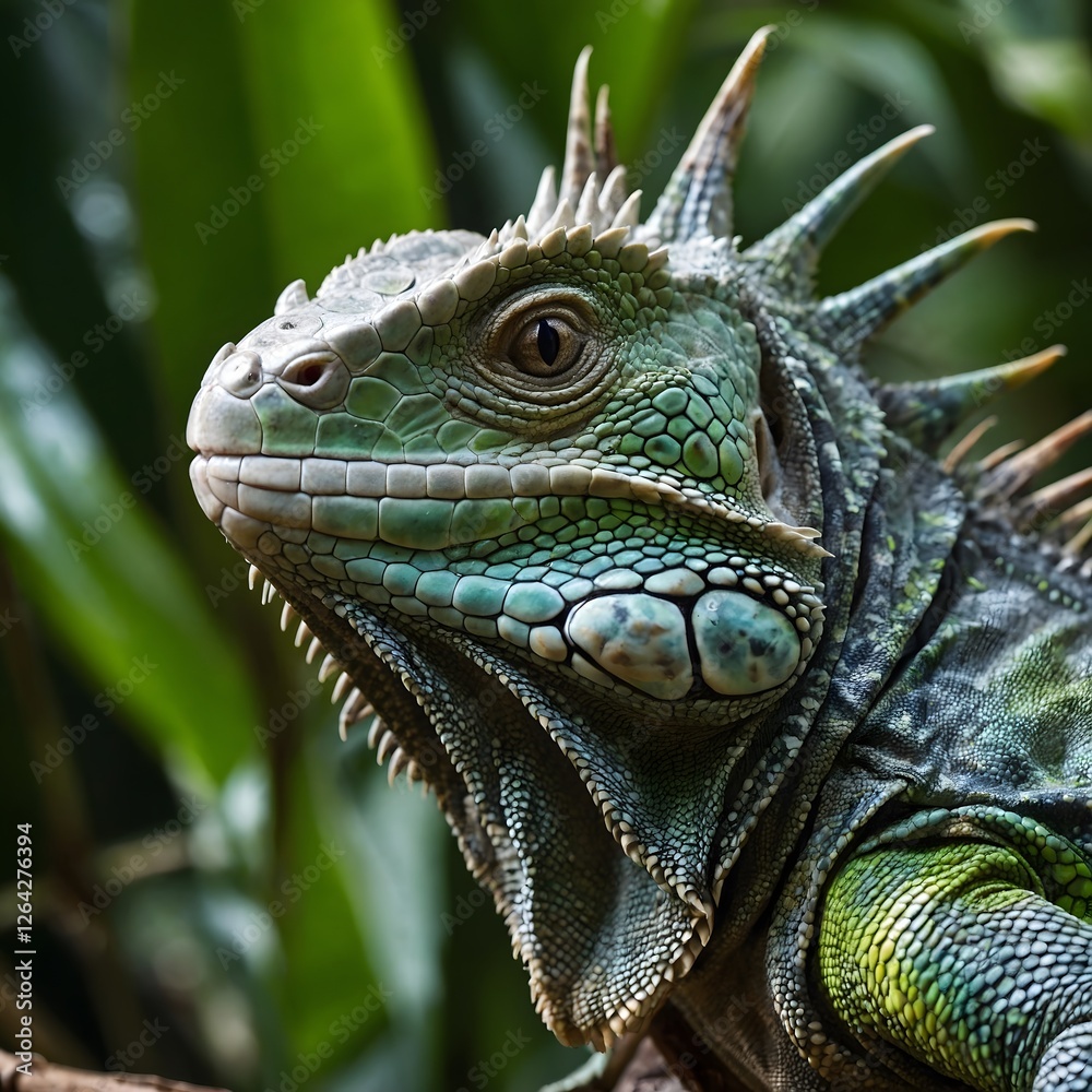 Fototapeta premium Jungle Majesty: Iguana’s Detailed Scales and Spines on Tree Branch