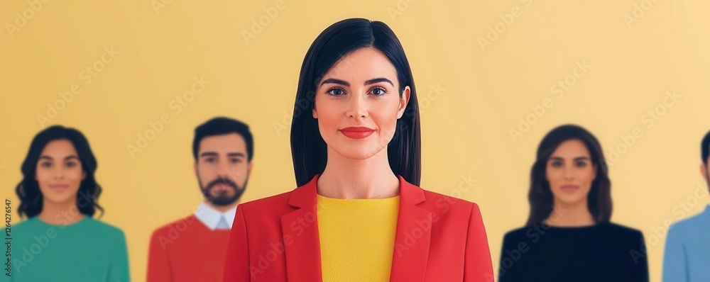 Obraz premium A confident woman in a red blazer stands in front of a colorful group against a yellow background.