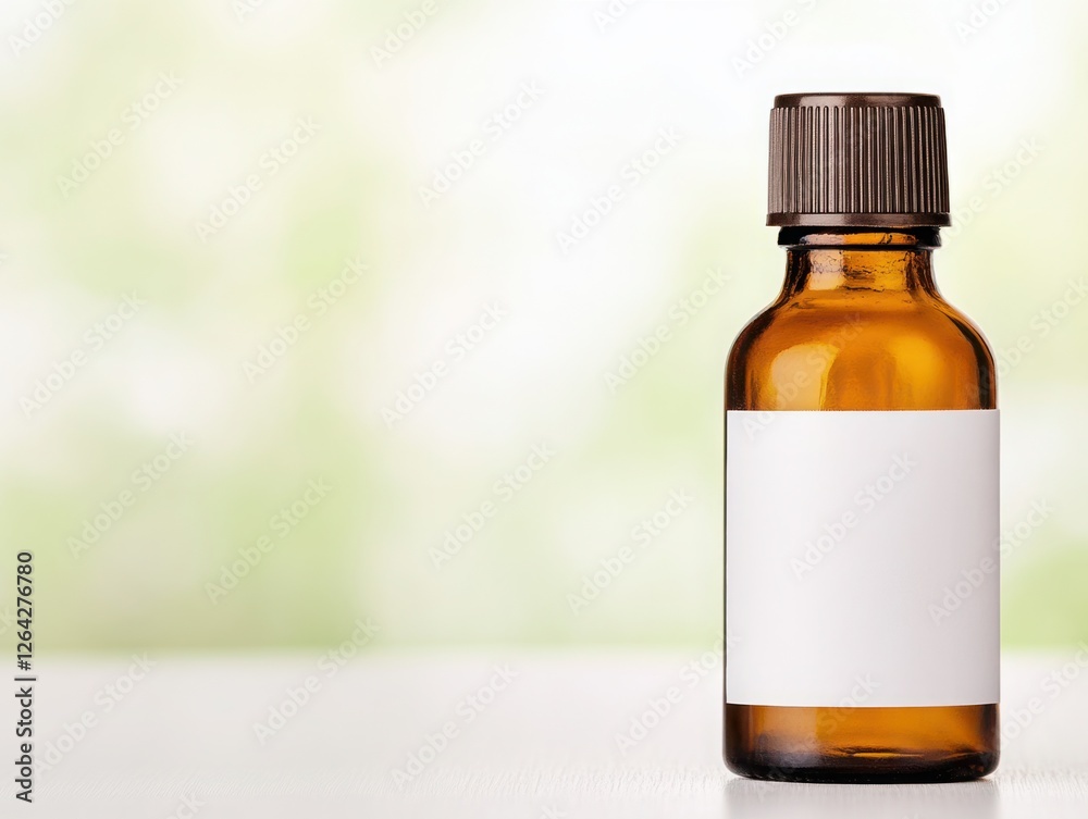 Simple Brown Glass Bottle with White Label for Essential Oils, Aromatherapy, or Liquid Products on a Light Background Simple Brown Glass Bottle with White Label for Essential Oils, Aromatherapy, or Liquid Products on a Light Background