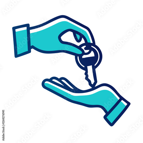 A real estate agent handing over a set of house keys to a smiling new homeowner