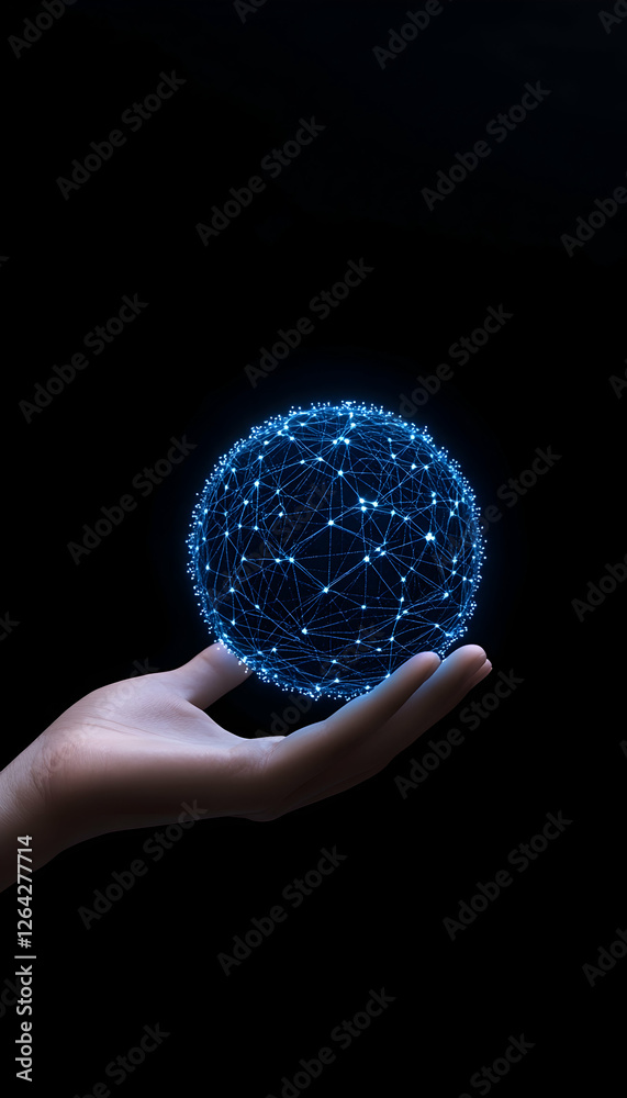 Hand holds global sphere. Connection and technology concept. Black background generative AI Hand holds global sphere. Connection and technology concept. Black background generative AI
