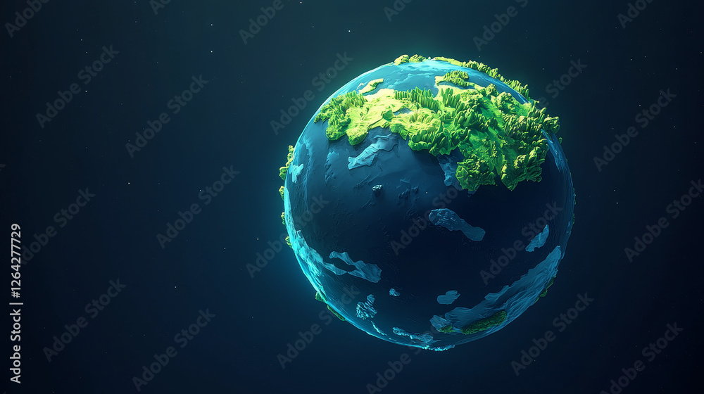 Planet Earth 3D cartoon vector illustration. Spherical blue, green planet with illuminated surface and relief isolated on dark blue cosmic background Planet Earth 3D cartoon vector illustration. Spherical blue, green planet with illuminated surface and relief isolated on dark blue cosmic background