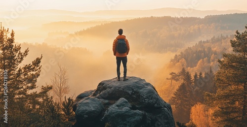 Hiker Contemplates Golden Sunrise: Serene Autumn Landscape
