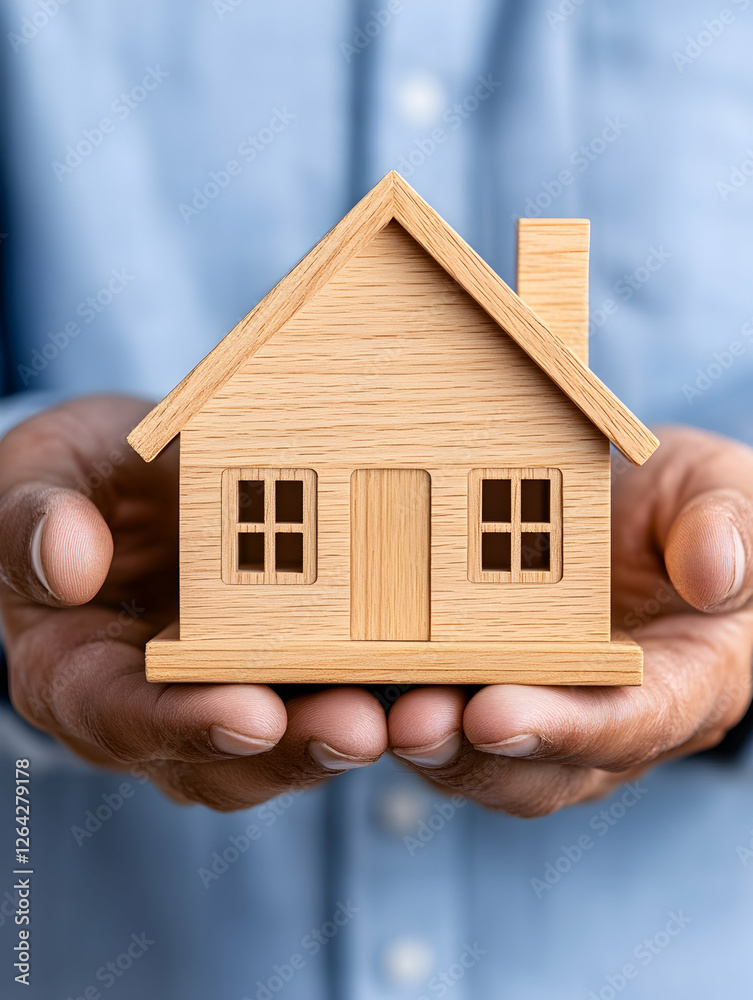 Hands holding a wooden miniature house; symbol of home, family, or real estate generative AI Hands holding a wooden miniature house; symbol of home, family, or real estate generative AI