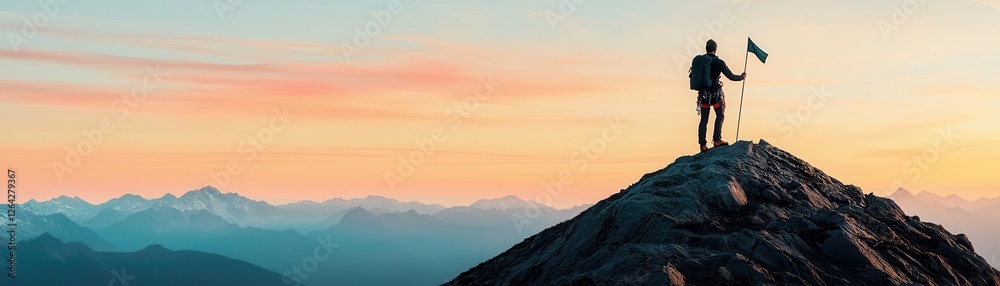 A person stands on a mountain peak, gazing at a stunning sunset over the horizon. A person stands on a mountain peak, gazing at a stunning sunset over the horizon.
