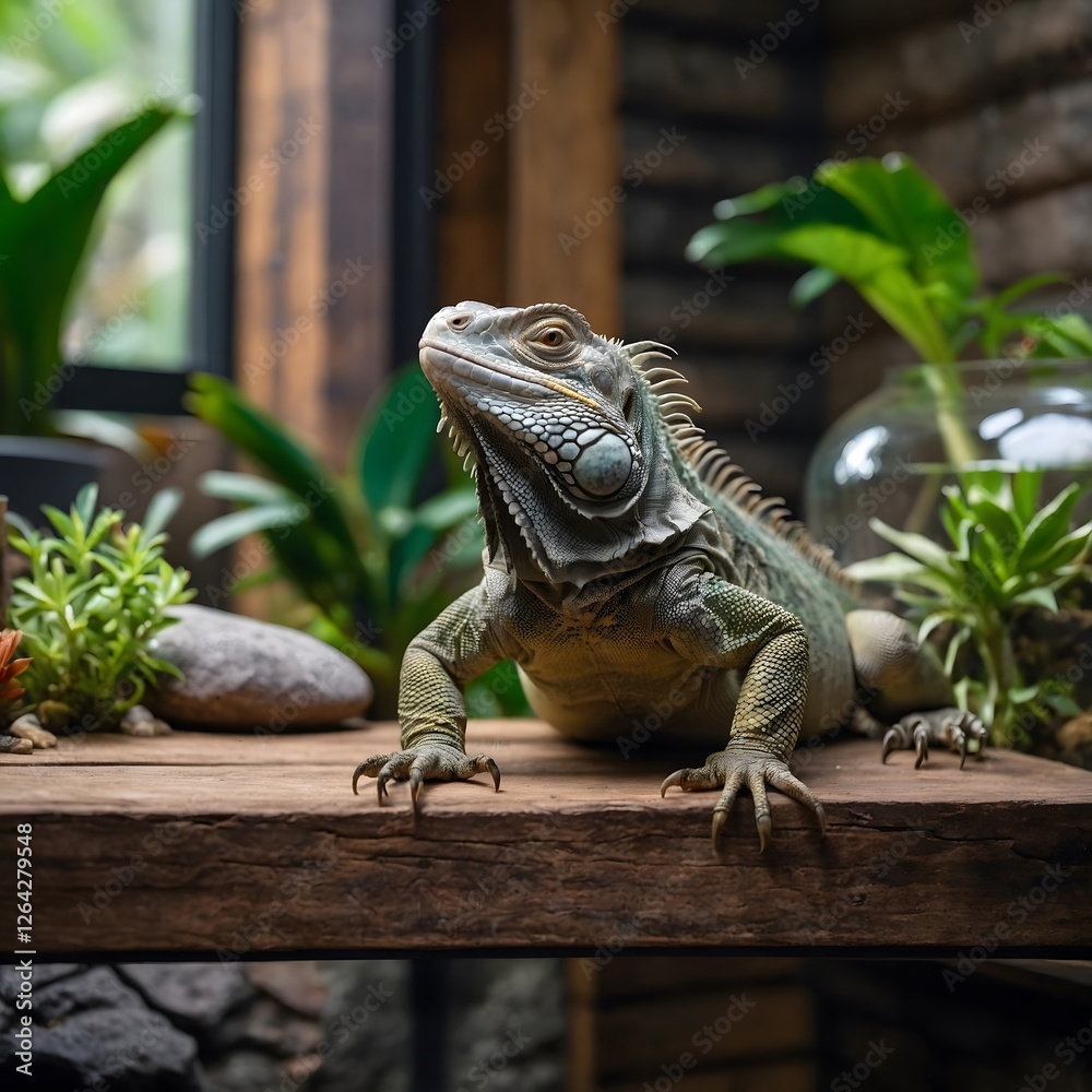 Fototapeta premium Tranquil Moment: Iguana Relaxing in Indoor Terrarium Surrounded by Natural Elements