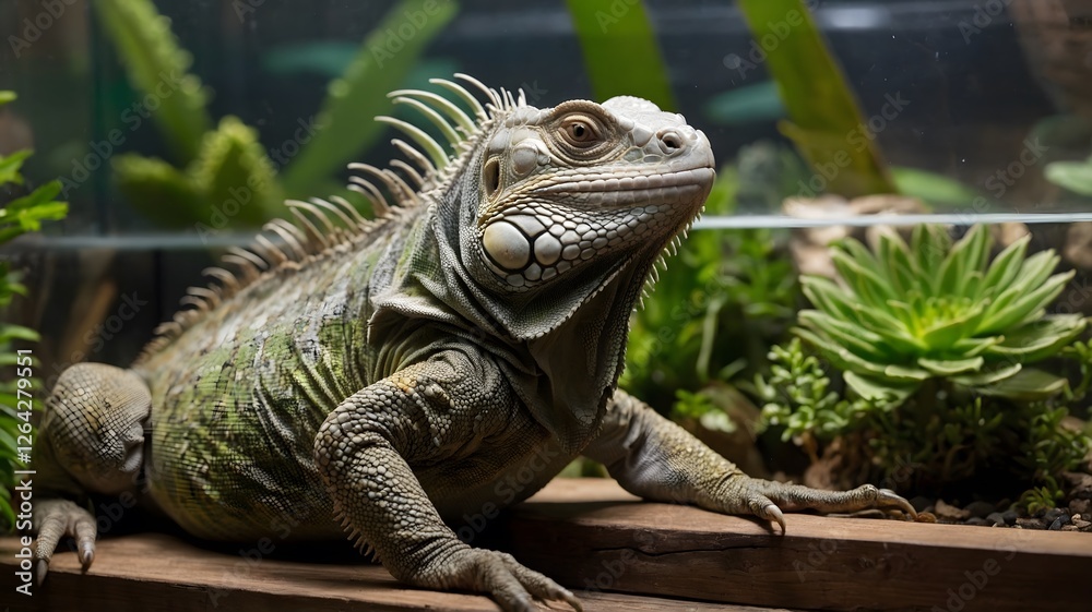 Relaxed Iguana Basking in Cozy Indoor Terrarium with Rocks, Plants, and Water Dish Relaxed Iguana Basking in Cozy Indoor Terrarium with Rocks, Plants, and Water Dish