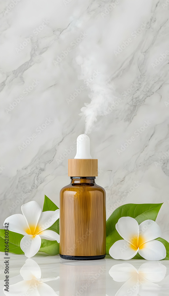 Aromatherapy essence bottle steaming by flowers on marble for wellness use generative AI Aromatherapy essence bottle steaming by flowers on marble for wellness use generative AI