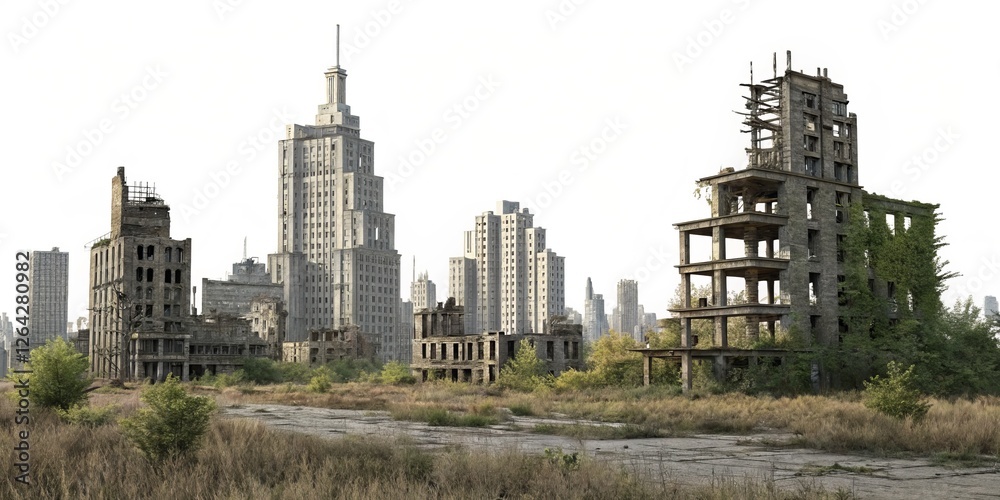 Fototapeta premium Post-Apocalyptic Cityscape Ruined Buildings, Overgrown Landscape, 3D Render, Digital Art, Apocalypse, Ruins Post-Apocalyptic, 3D render