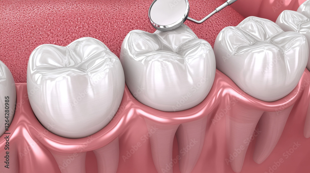 White tooth and dentist tool. Realistic 3d vector illustration of healthy clear molar with doctor mirror for dentistry and orthodontics concept. Oral care and health with denture and appliances. White tooth and dentist tool. Realistic 3d vector illustration of healthy clear molar with doctor mirror for dentistry and orthodontics concept. Oral care and health with denture and appliances.