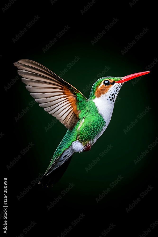 Fototapeta premium Hummingbird flying with wings spread against a dark background, for nature display generative AI