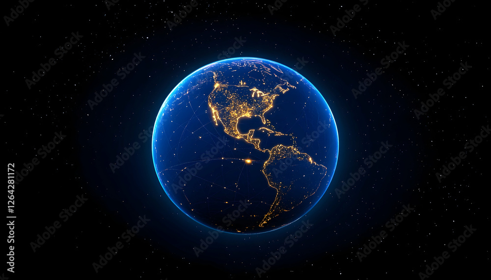 Fototapeta premium Illuminated Earth globe rotating in space. Showing population in dark background generative AI