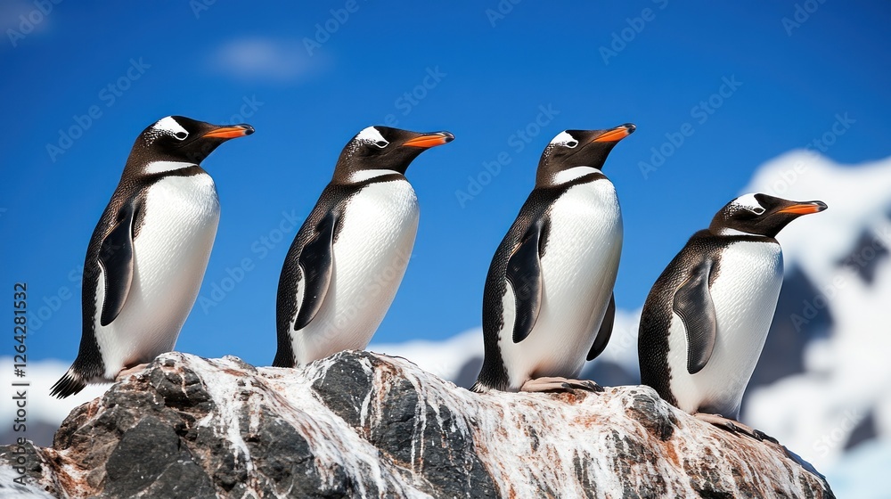 Fototapeta premium Antarctic penguins rocky outcrop mountains sunny day wildlife documentary