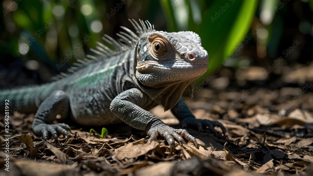 Baby Iguana Emerging from Tropical Forest Shadows in Lush Natural Habitat Baby Iguana Emerging from Tropical Forest Shadows in Lush Natural Habitat