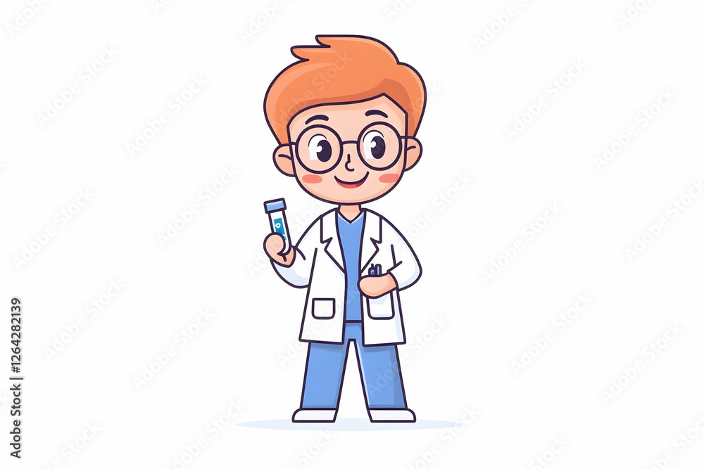 Kid in lab coat does science. Cartoon of student holding beaker in white space generative AI Kid in lab coat does science. Cartoon of student holding beaker in white space generative AI