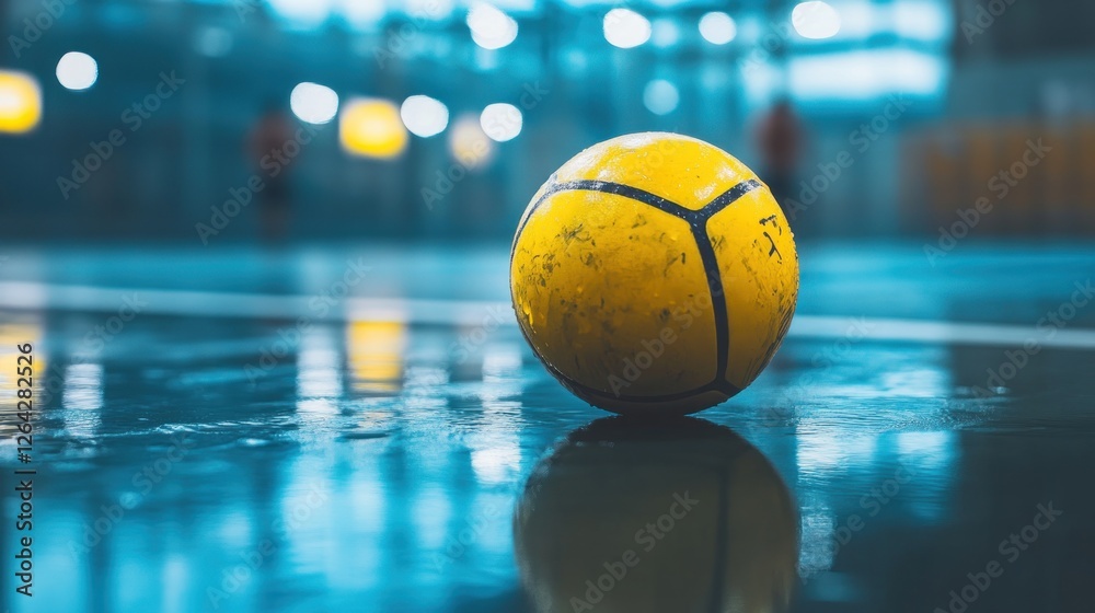 A close-up of a yellow ball on a shiny floor in a sports facility. A close-up of a yellow ball on a shiny floor in a sports facility.