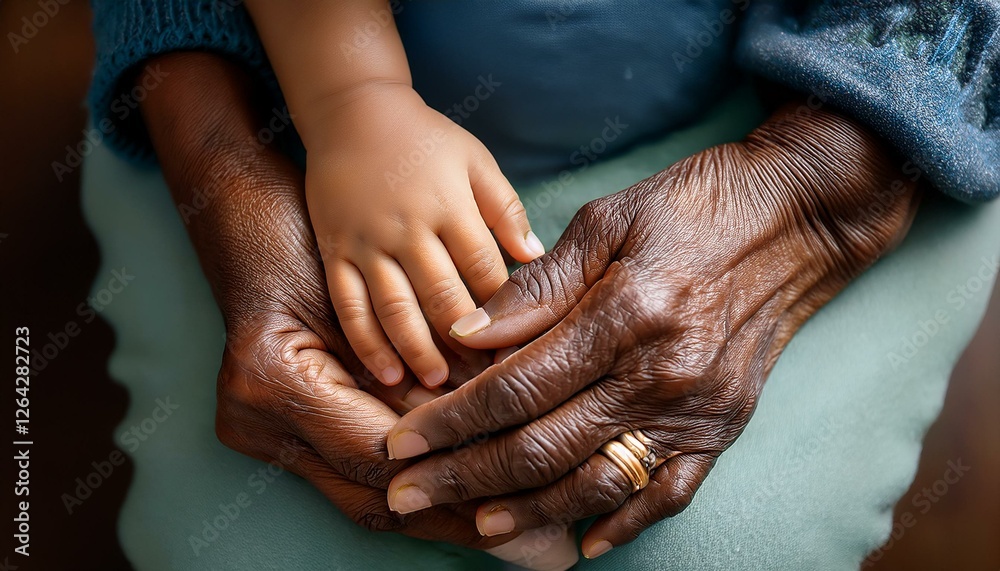 Fototapeta premium A touching top-down close-up captures the tender connection between a Black senior woman and a little girl as their hands gently clasp together. 
