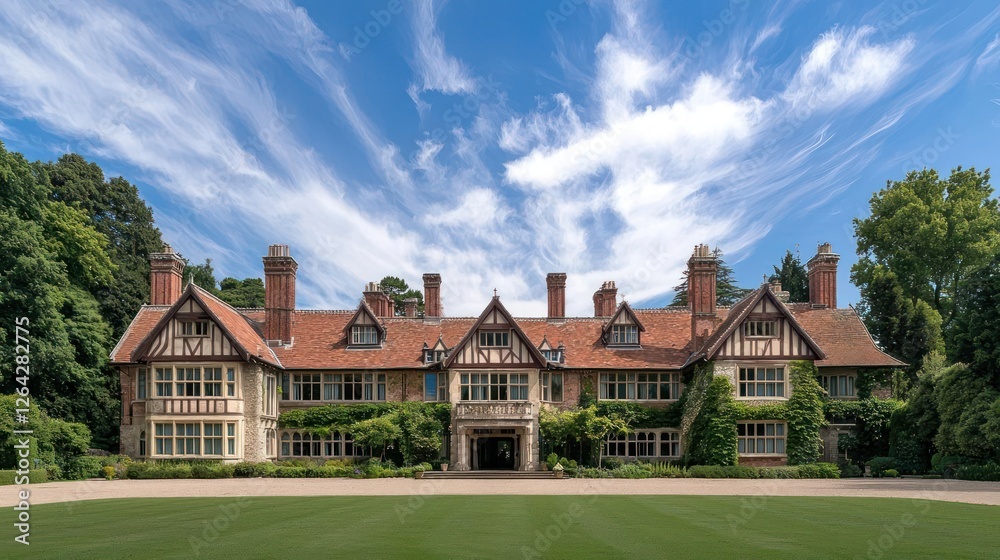 Grand Historic Estate Exterior With Lush Gardens Under Blue Sky Grand Historic Estate Exterior With Lush Gardens Under Blue Sky