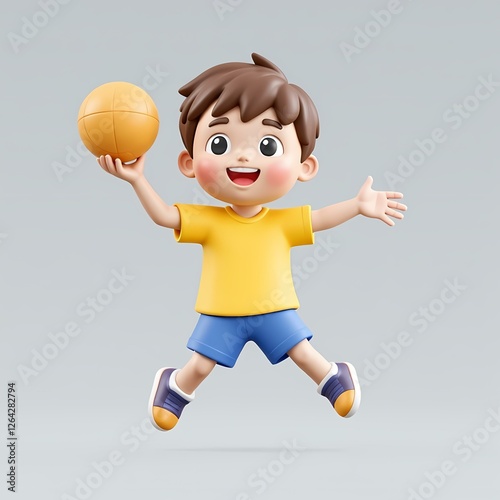 A happy little boy is jumping up in midair while holding onto a basketball.