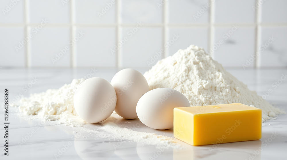 A kitchen counter with flour, eggs, and butter – Generative AI A kitchen counter with flour, eggs, and butter – Generative AI