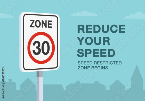Safe driving tips and traffic regulation rules. Close-up of european "speed limit zone" sign meaning. Reduce speed, speed restricted zone begins. Flat vector illustration template.