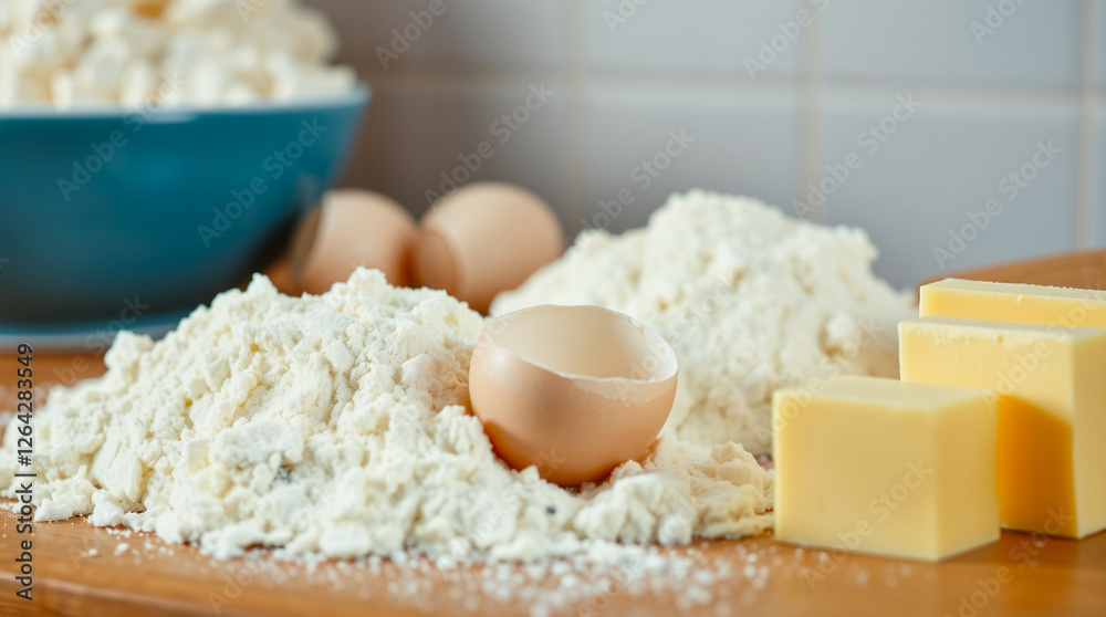 A kitchen counter with flour, eggs, and butter – Generative AI A kitchen counter with flour, eggs, and butter – Generative AI