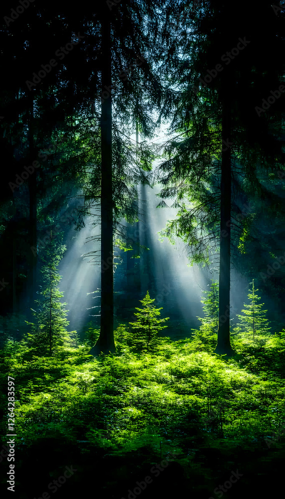 Obraz premium Light rays shine on trees and green moss in a mysterious forest. Editorial use generative AI