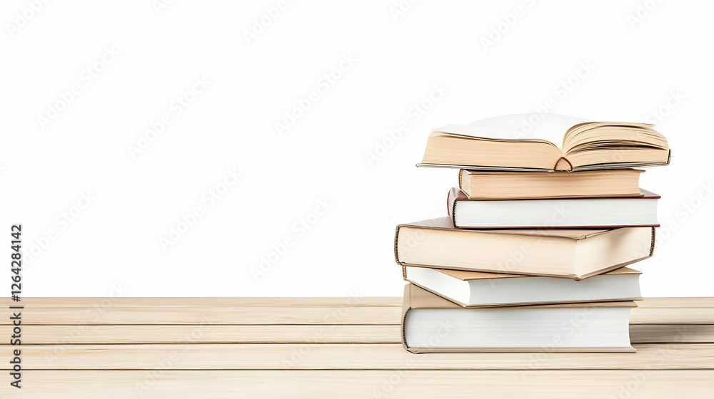 Books stacked on a wooden table on a white background for study and knowledge generative AI Books stacked on a wooden table on a white background for study and knowledge generative AI