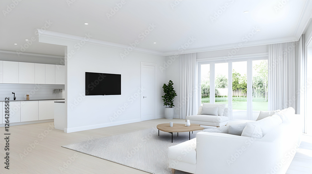 Fototapeta premium Bright living room and kitchen in a house by a sunny garden; home decor generative AI