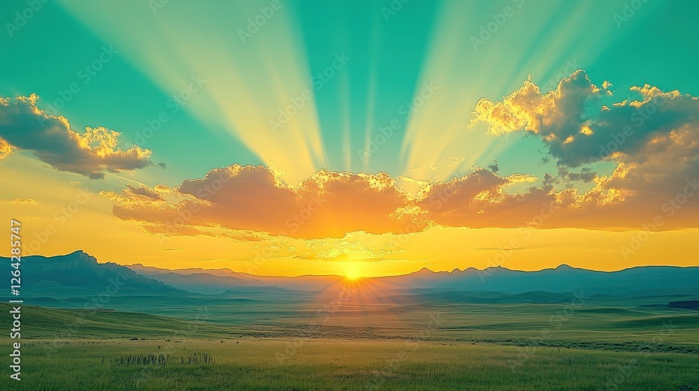Fototapeta premium Sun rays burst through clouds over a mountain valley at sunset, creating a serene landscape ideal for travel brochures