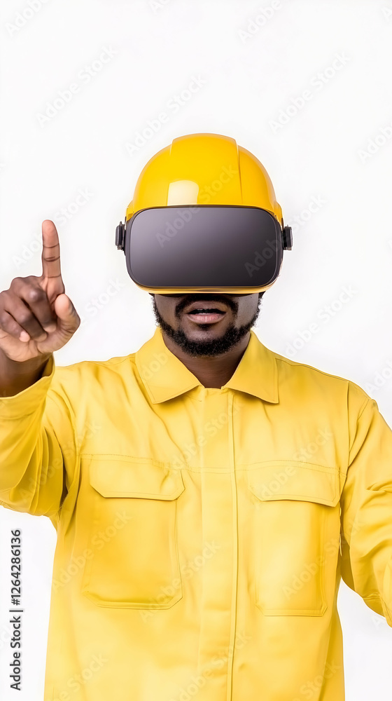 Man with VR headset in yellow shirt showing concept with white background generative AI Man with VR headset in yellow shirt showing concept with white background generative AI