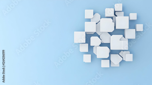 Many white cubes in the middle on a bright, solid blue background. Abstraction generative AI