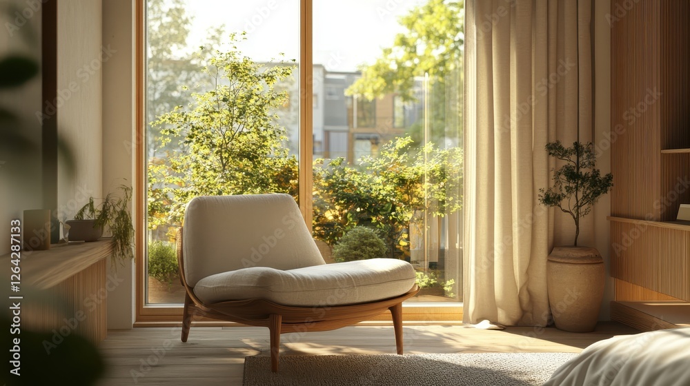 Fototapeta premium Bright modern room featuring a cozy chair with natural light