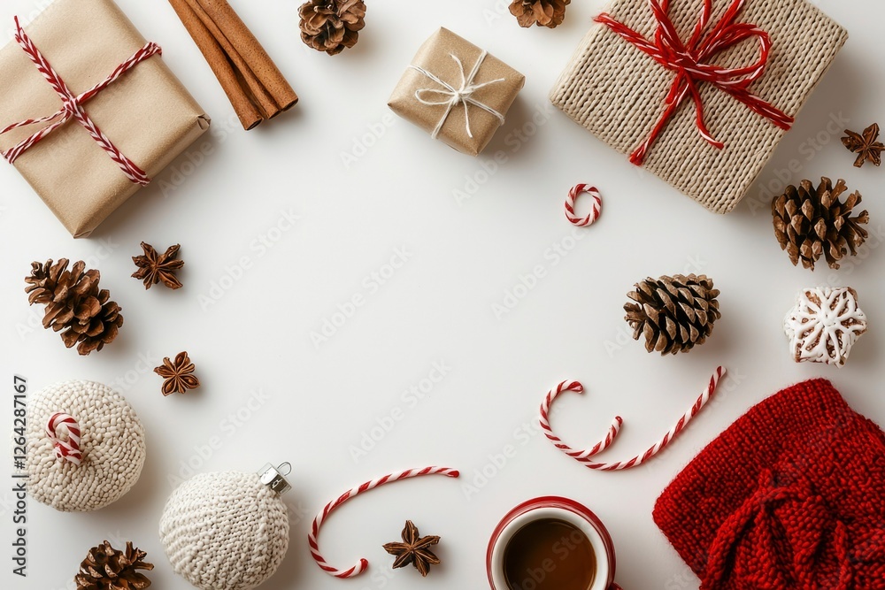 Fototapeta premium Gifts and decorations arranged on white surface with copy space for Christmas use