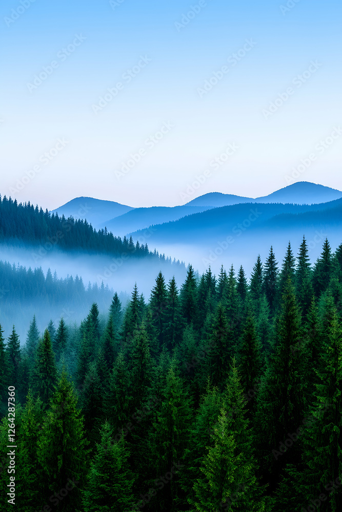 Fototapeta premium Misty forest with mountain range at sunset. Can be used for travel ads generative AI