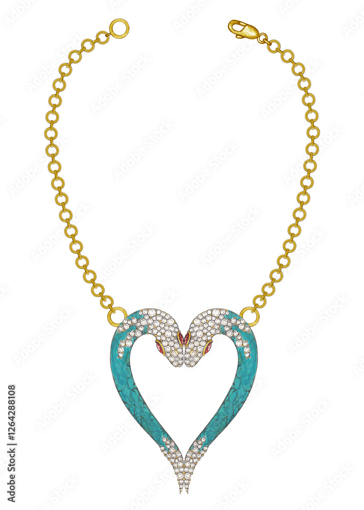 Jewelry design couple snake heart necklace set with turquoise and diamond drawing. Jewelry design couple snake heart necklace set with turquoise and diamond drawing.