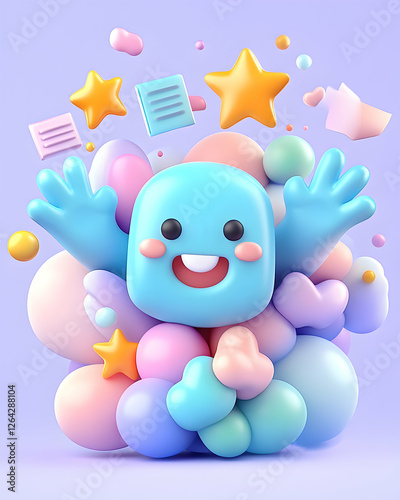 Cheerful mascot surrounded by floating pastel objects. Playful, for kids material generative AI