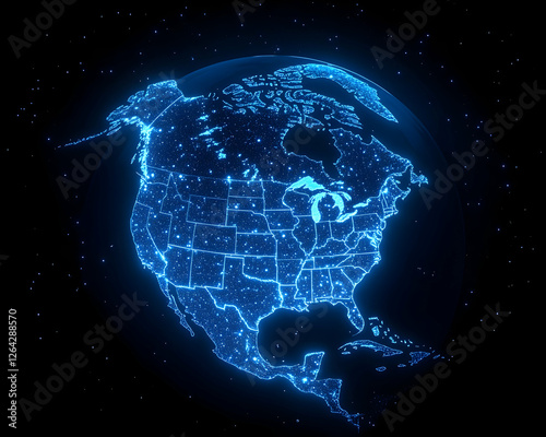 Neon North America continent earth map. Futuristic digital world atlas concept generative AI