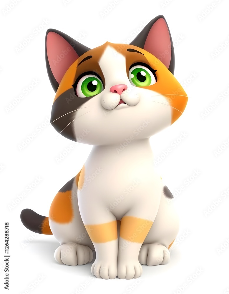 Adorable Calico Kitten 3D Render: A Cute Cartoon Cat Posing Against White Background Adorable Calico Kitten 3D Render: A Cute Cartoon Cat Posing Against White Background