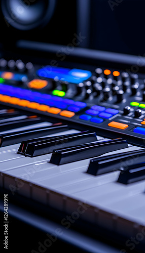 Close-up keyboard synthesizer, music creation, recording studio for audio production generative AI