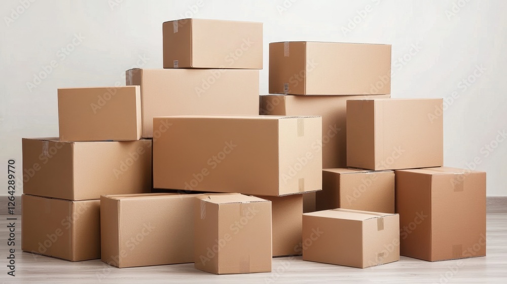 A stack of various sized cardboard boxes. Ideal for concepts of storage, moving, shipping, or online shopping. A stack of various sized cardboard boxes. Ideal for concepts of storage, moving, shipping, or online shopping.