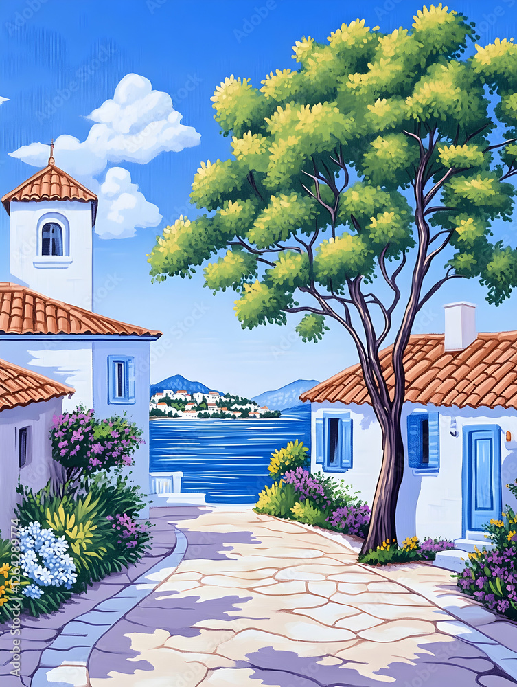 Fototapeta premium Coastal town view white houses line path to blue sea with tree and sky above generative AI