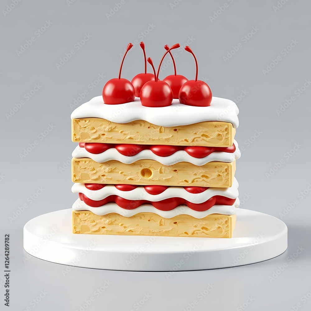 A layered cake with red jelly and cherries on top. A layered cake with red jelly and cherries on top.